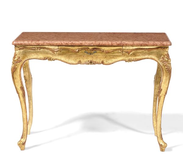 Consola em Madeira Entalhada e Dourada com Tampo em Mármore Vermelho Verona, Início do Século XX, 120x50x85 cm